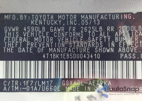 2013 Toyota Avalon Limited из США, поврежденный, VIN 4T1BK1EB5DU043410